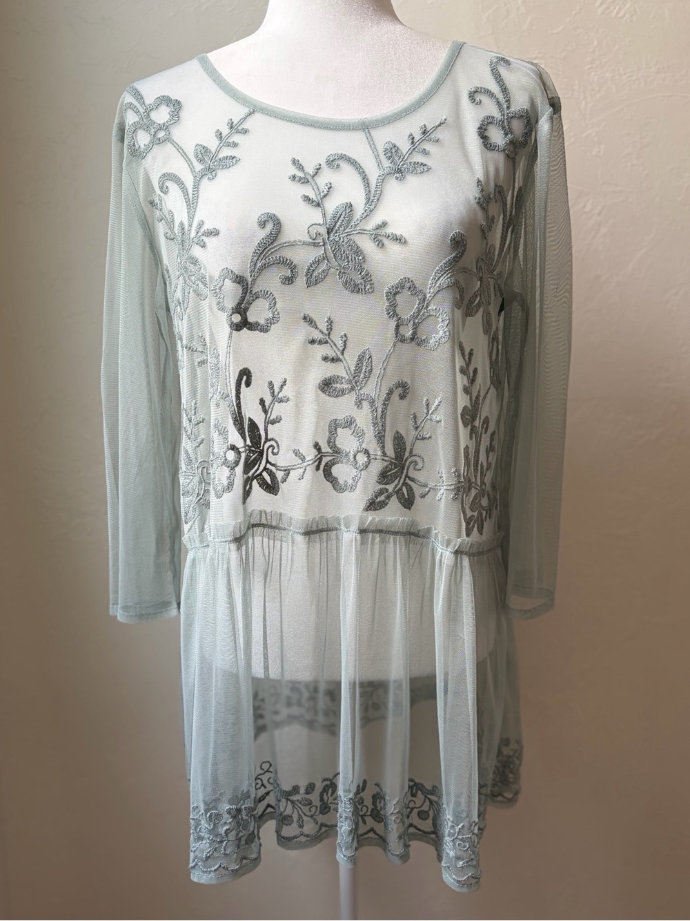 Logo Lavish Embroidered Mesh Tunic Top Sage Green Sheer Boho XL